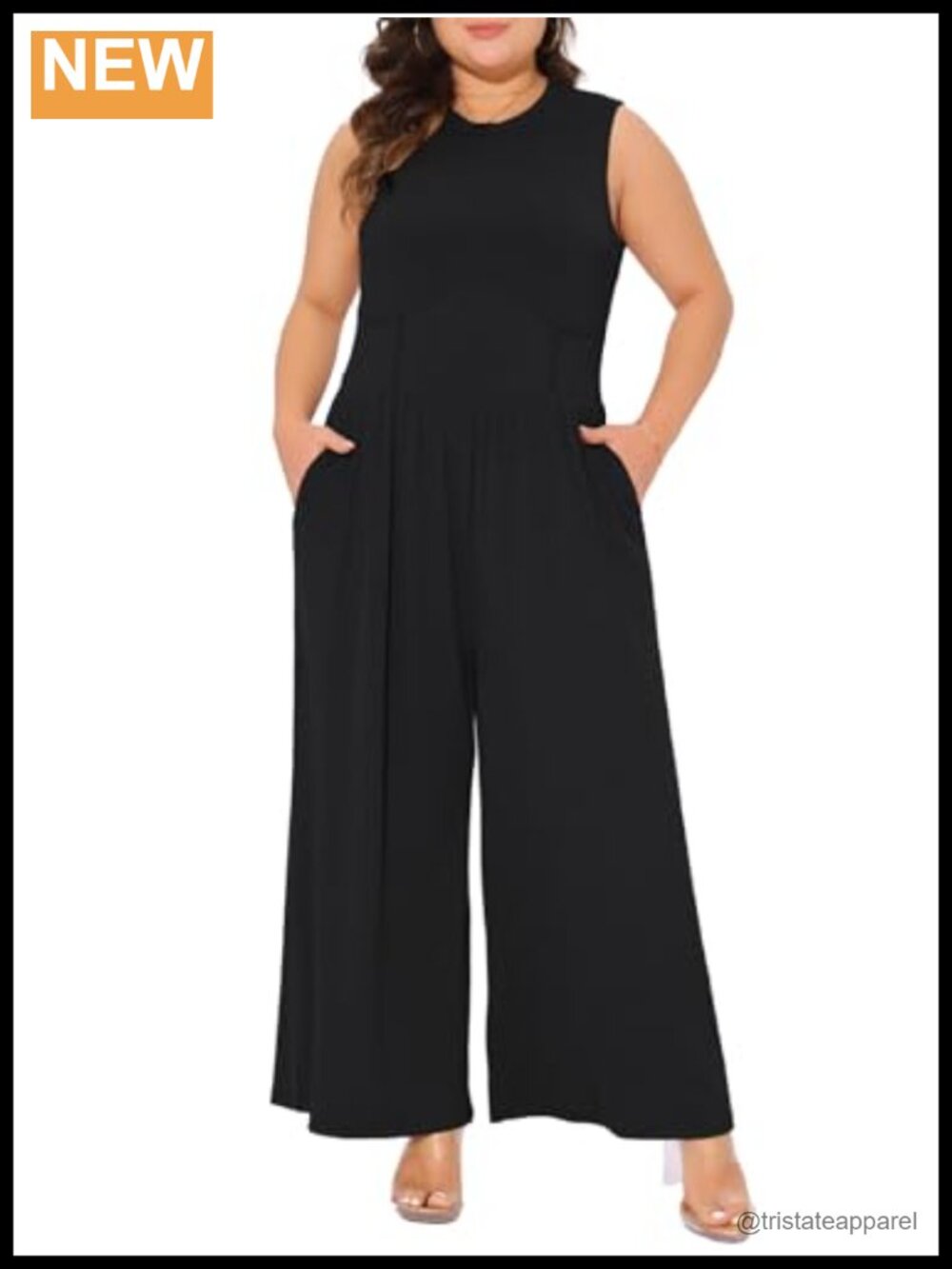 Plus Size Sleeveless Crew Neck Wide Leg Stretch Knit Jumpsuit Overalls